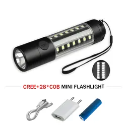 USB светодио дный фонарик XML t6 удара 18650 flash light двойной источник света Предупреждение Отдых на природе света факел Лампа светодио дный фонарь