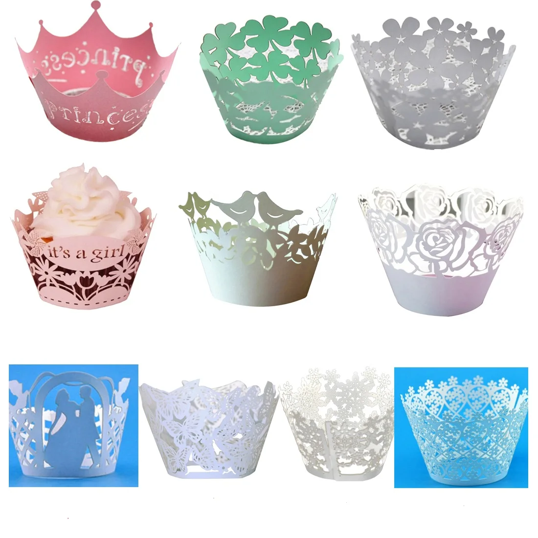 

12pcs Multi-Color Laser Cut Cupcake Wrappers Cake Cup Wraps Wedding Birthday Hoilday Party Supplies Home Decoration Tools