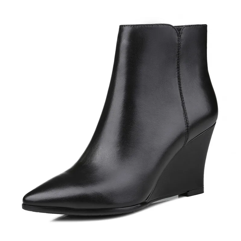 MORAZORA/; ботинки из натуральной кожи наивысшего качества; женские ботинки с острым носком; сезон осень-зима; модная женская обувь на танкетке; ботильоны - Цвет: Черный