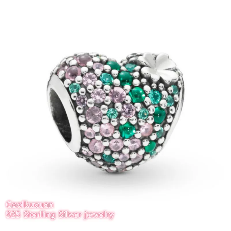 

2019 Spring 100% 925 Sterling Silver Gleaming Clover Heart Charm Green & Pink Crystal beads Fits Original Pandora bracelets diy