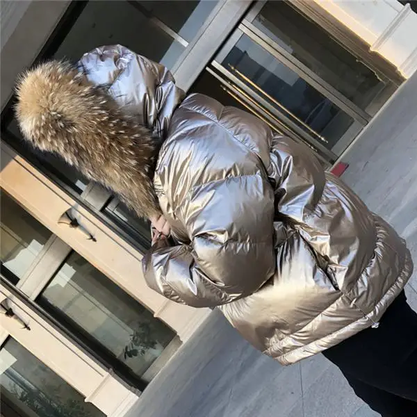 FTLZZ Women Double Sided Silver Golden Duck Down Coat Winter Large Real Fur Collar Waterproof Jacket Hooded Snow Outerwear - Цвет: Golden Natural  Fur