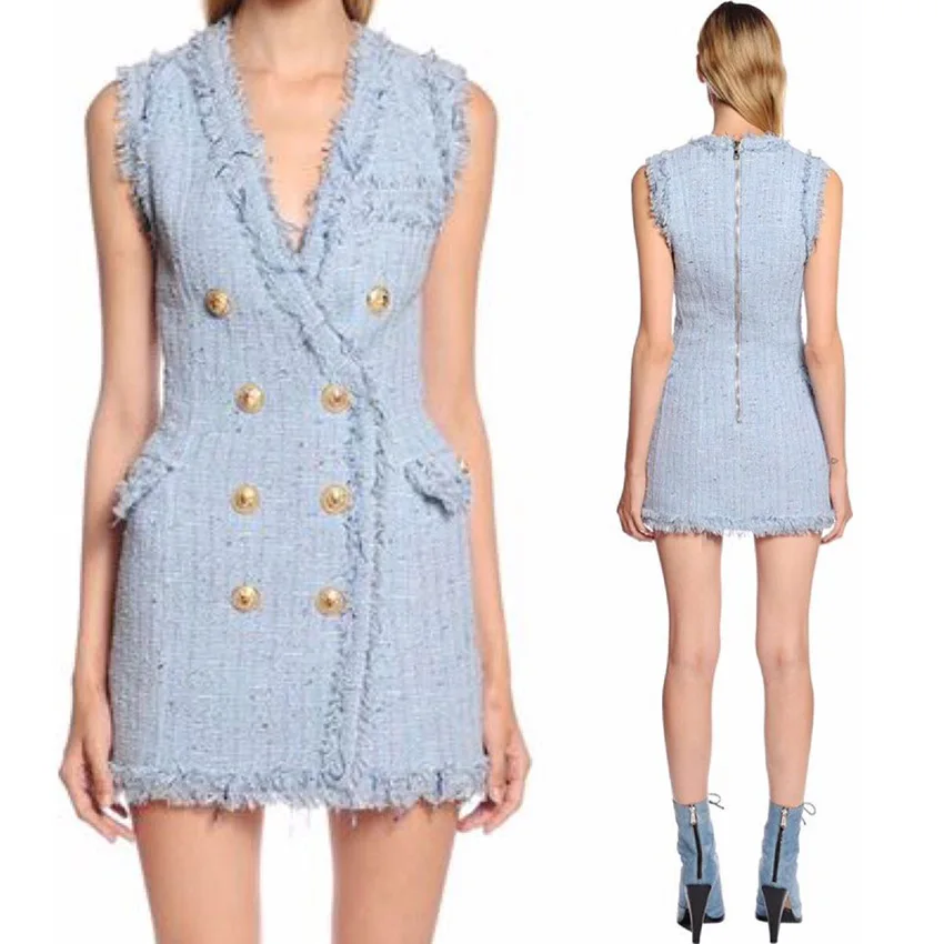 

2018 Euramerican Spring Summer New Fashion Metal Double Button Tassel Colorful Knit Notched Tank High End Popular Elegant Dress