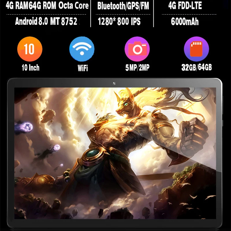 Глобальная версия 2.5D закаленное Стекло Android 8,0 Octa Core 4 аппарат не привязан к оператору сотовой связи/Wi-Fi, 10 дюймовый планшет 4 Гб Оперативная память 64 Гб Встроенная память ips gps Youtube/Facebook