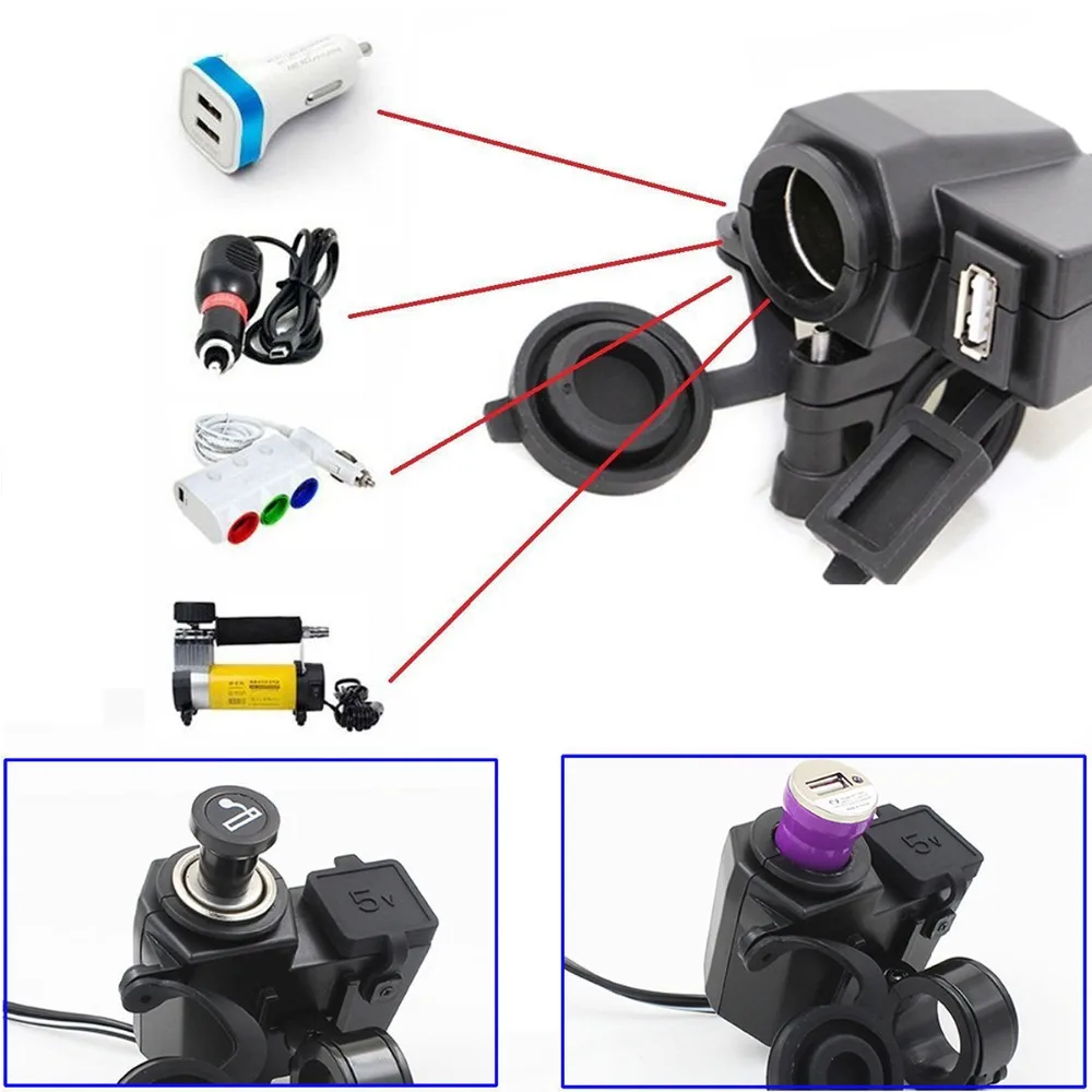Motorcycle Waterproof 2.1A USB Power Supply Port Charging Charger Socket 12V Cigarette Lighter Socket with Independent Cover