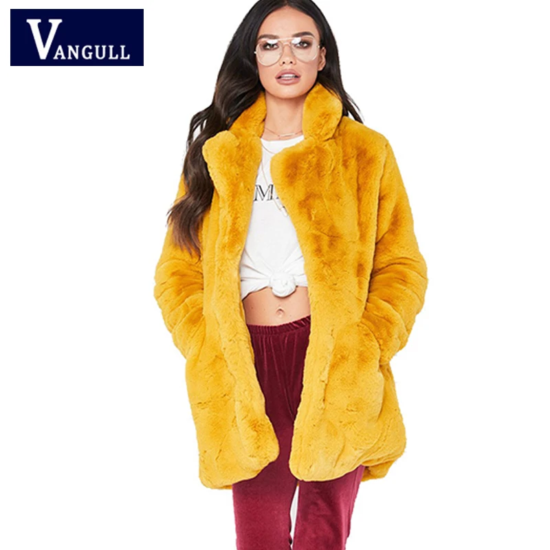

Women Winter Fur Coat Jacket Thick Warm Plush Long Coats Female Elegant Rabbit Fur Pocket Fashion Autumn Outwear VANGULL 2018