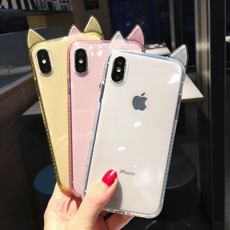 

LOVECOM Luxury Crystal Edge Phone Case For iPhone X XS Max XR 6 6S 7 8 Plus Cute Ear Transparent Soft TPU Phone Back Cover Gift