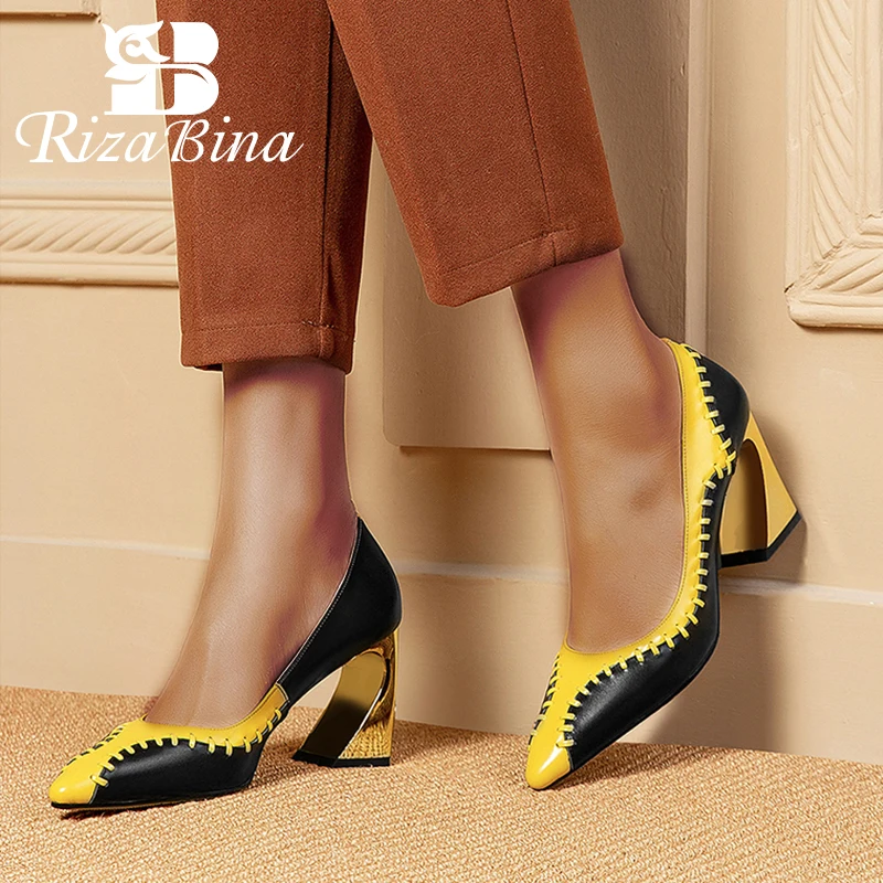 

RizaBina Size 33-42 Real Leather Women High Heel Shoes Fashion Pumps Women Party Wedding Office Lady Mixed Color Footwear