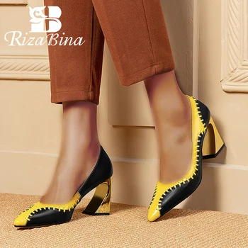 

RizaBina Size 33-42 Real Leather Women High Heel Shoes Fashion Pumps Women Party Wedding Office Lady Mixed Color Footwear
