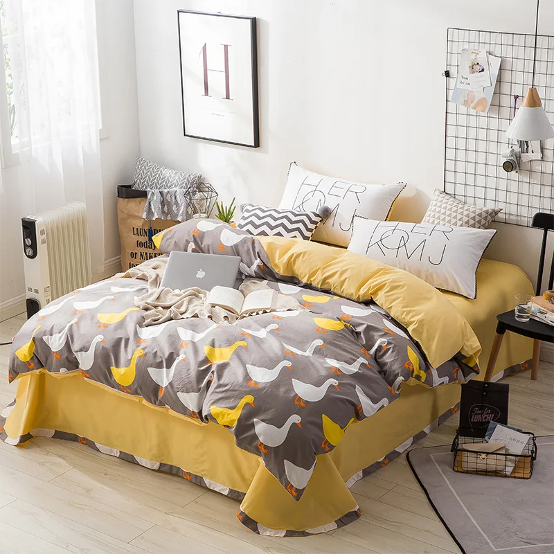 

Cartoon Cute White Goose Pattern Bed Linens 100% Cotton 4pcs Bedding Sets Bed Set Duvet Cover Bed Sheet Cover Set Pillowcase