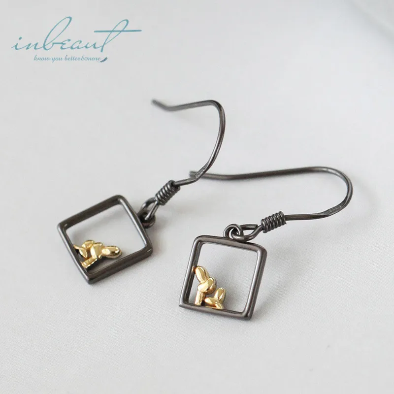 

inbeaut 925 Silver Black Square Gold Artistic Potted Plant Window Drop Earrings Women Ethnic Dangle Earrings Ear Hanging Jewelry