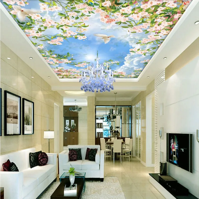

Custom photo wallpaper 3D Stereo Blue Sky White Cloud Flower Pigeon Ceiling mural Living Room hall Hotel Wallpaper