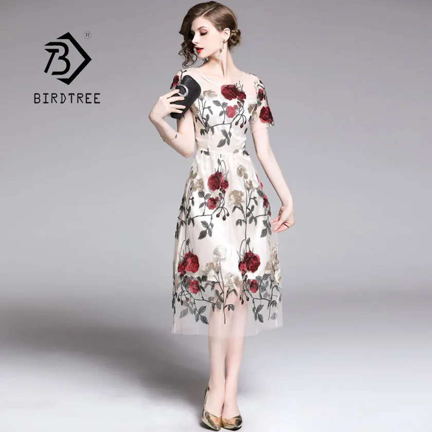 Женское Сетчатое платье с цветочной вышивкой винтажное короткое до середины