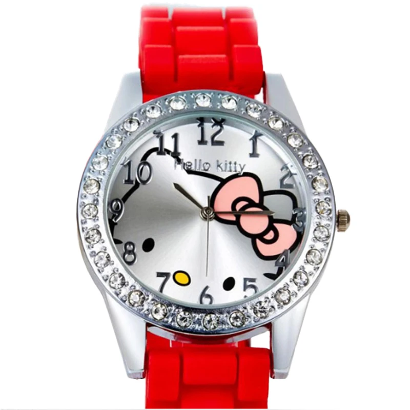 

Cartoon Hello Kitty Women Watches Fashion Design Ladies Wrist Watch Casual Silicone Band Rhinestone Watch Female Girl Clock Gift