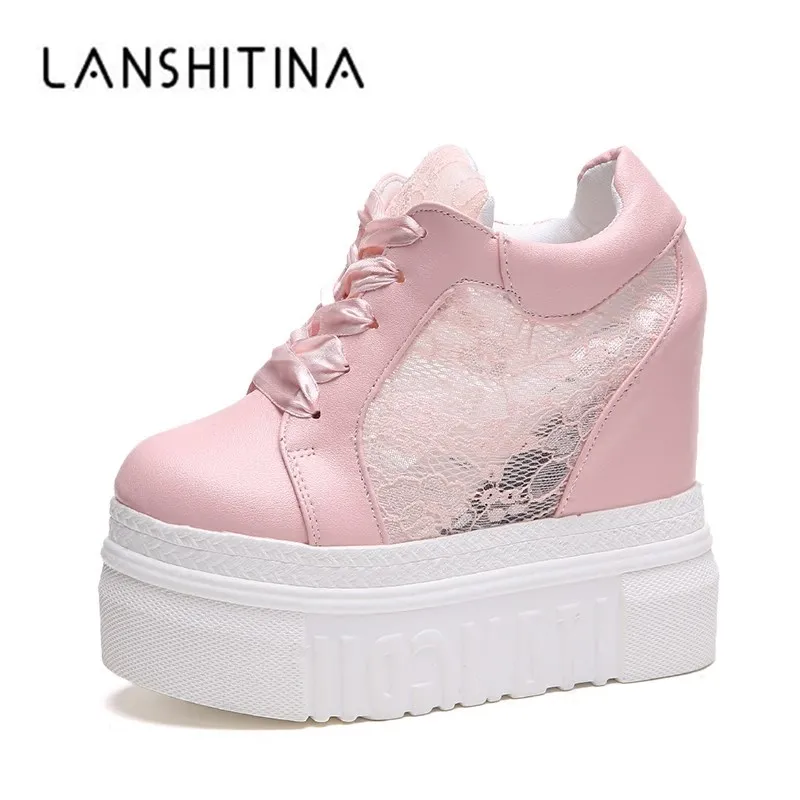 

2019 Summer Breathable Mesh Sneakers Ultra Hidden Increasing Shoes Women Wedge Casual Shoes Lace High Heels Platform Shoes Pink