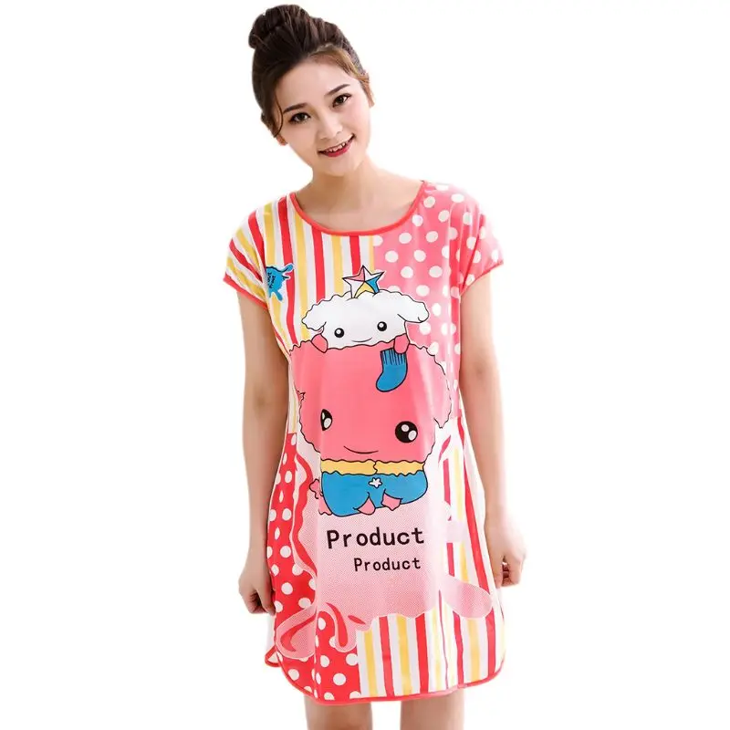 Женская ночная рубашка с коротким рукавом из молочного волокна для девочек, Студенческая, милая, мультяшная, с животными, двусторонняя, с принтом, одежда для сна, с разрезом по бокам, свободная - Цвет: A