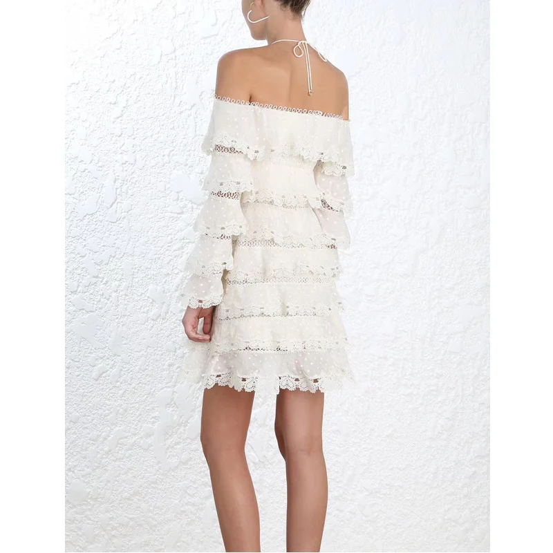 Volants Point Soie Hors Coton Blanc Peint Broderie De Cascade En D'été Shouder Coeur White Robe Mini Vague Et Femmes À Dentelle nAwnOvqfI