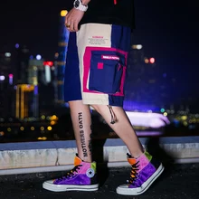 Хип хоп карго с коротким карманом для мужчин Harajuku шорты для бега уличная цвет блок лоскутное Лето пот короткие хлопковые штаны