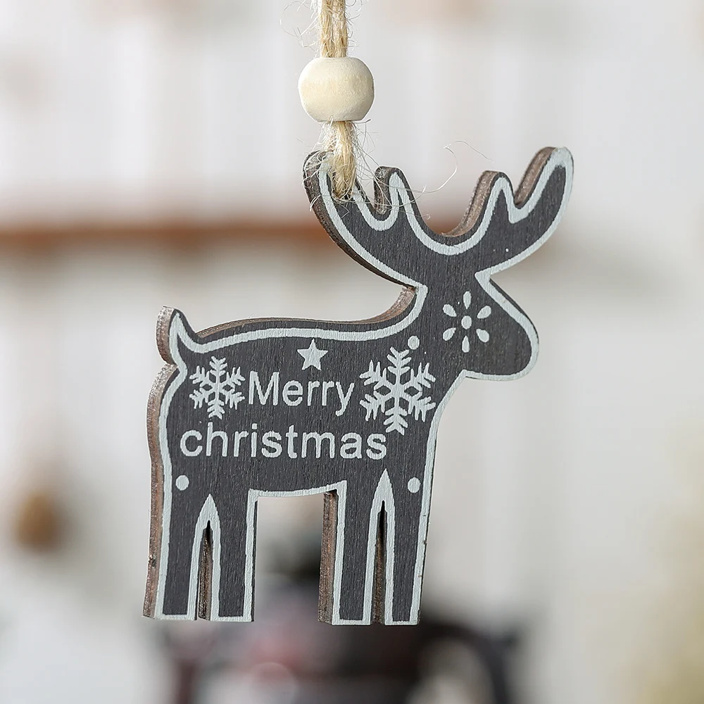 Милый Санта-Клаус, бант, колокольчик, Рождественская елка, украшение, деревянный снеговик, лось, подвесной кулон, рождественские украшения для дома - Цвет: grey elk christmas