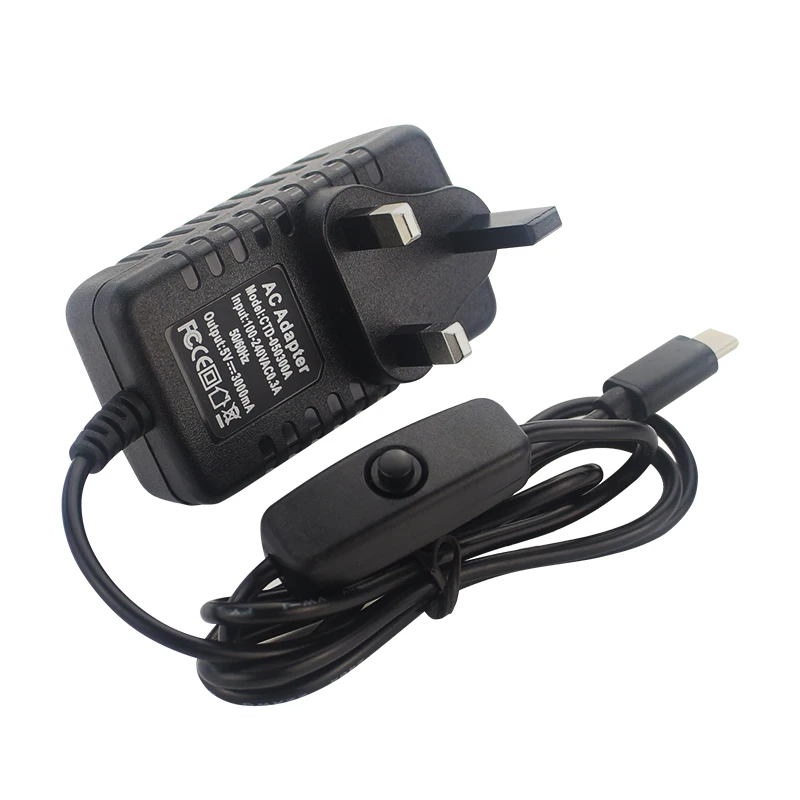 Universal USB Type C Power Adapter with ON/OFF Switch - 5V 3A, Multi-Plug Compatibility
