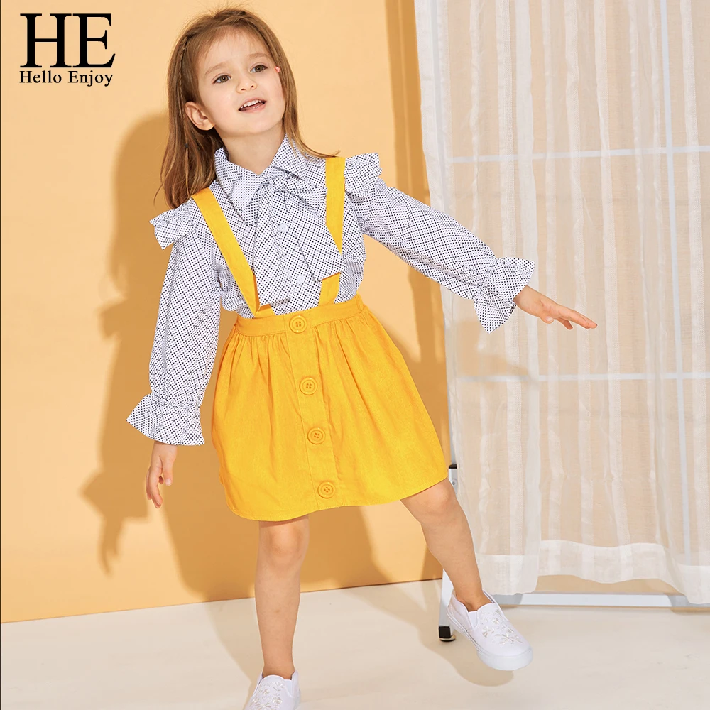 

HE Hello Enjoy Girls Clothing Sets Casual Long Sleeve Dot shirt+ Suspender Skirts Headband Cute Baby girl Kids Clothes Fashion