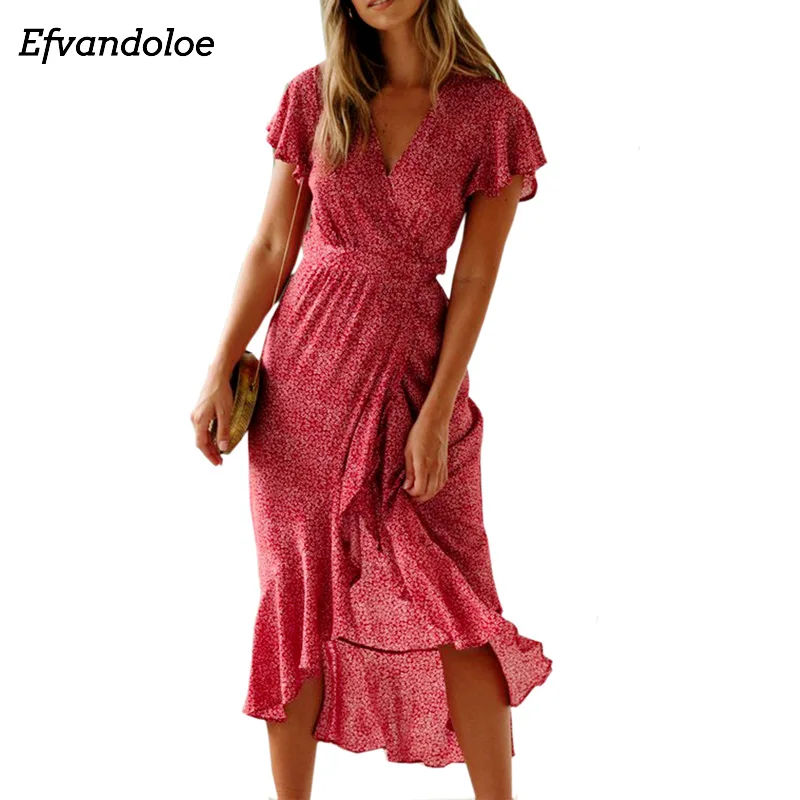 

Efvandoloe Boho Dress Women Floral V Neck 2019 Midi Beach Wrap Dresses Summer Holiday Party Vestidos Clothing