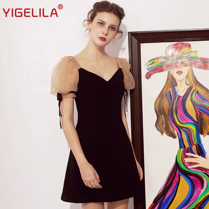 

YIGELILA Fashion Women Little Black Dress Summer Sexy V-neck Puff Sleeve Empire Slim Mesh Beading Mini Sheath Party Dress 64134