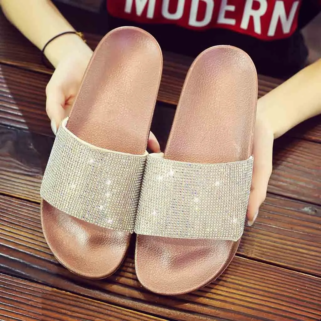 

Womens Colorful Diamond Slippers Super Soft Flat Slides Sandals Diamante Sparkly Sliders Crystal new shoes zapatillas mujer