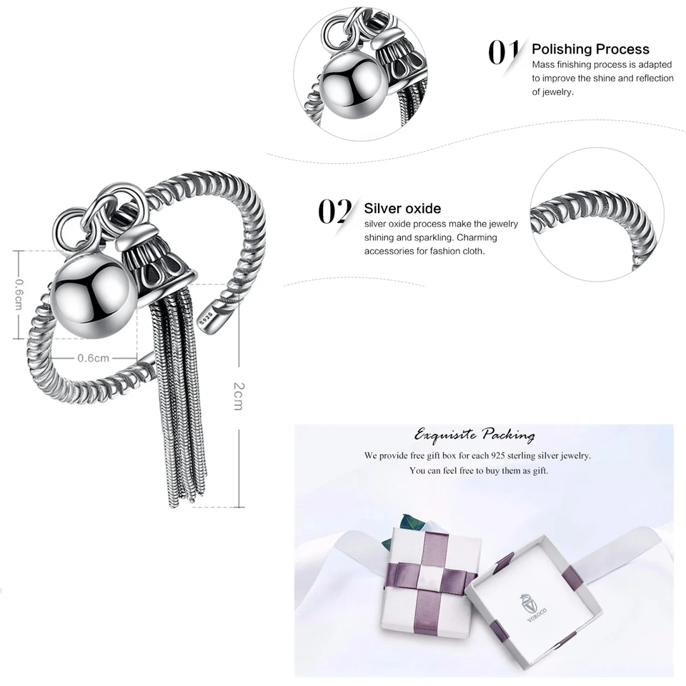 VOROCO Authentic Original 925 Sterling Silver Tassels and Beads Stylish Band Cuff Adjustable Cuff Ring Woman & Lady Fine Jewelry Fine Jewelry