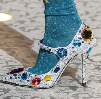 

Luxury Mary Jane Heels Wedding Shoes Bride Colorful Crystal Sequin Women Pumps Pointed Toe Rhinestone Thin Heel Shoes