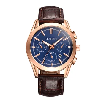 

2019 new fashion three-eye calendar leather alloy quartz pointer watch rose gold dial waterproof multi-color male business watch