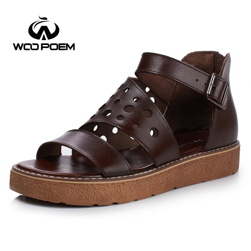 

WooPoem Summer Shoes Woman Genuine Leather Sandals Women Retro Cover Heel Flat Platform Sandale Casual Buckle Femme Shoes 7832