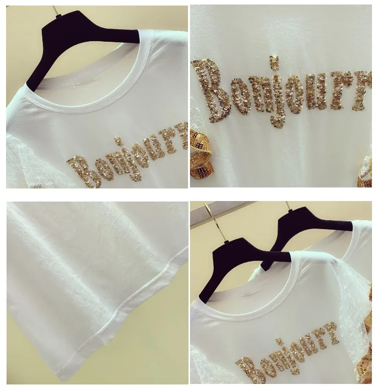 Female Summer T Shirts 2019 New Korean Sequin Letter T-shirts Tee Womans Loose Splice Lace Short-sleeved T-shirt Students Tees Female Summer T Shirts 2019 New Korean Sequin Letter T-shirts Tee Womans Loose Splice Lace Short-sleeved T-shirt Students Tees