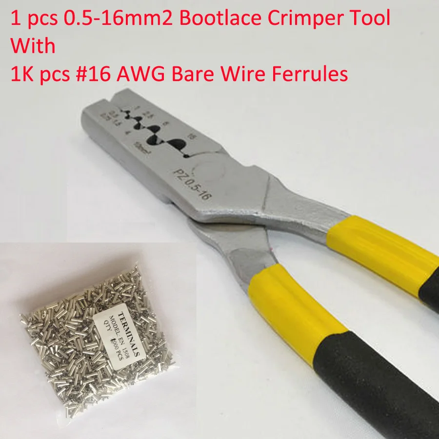 PZ0.5-16 0.5-16mm2 Crimping Tool Bootlace Ferrule Crimper and 1K #16 AWG EN1508 Bare Bootlace Wire Ferrules