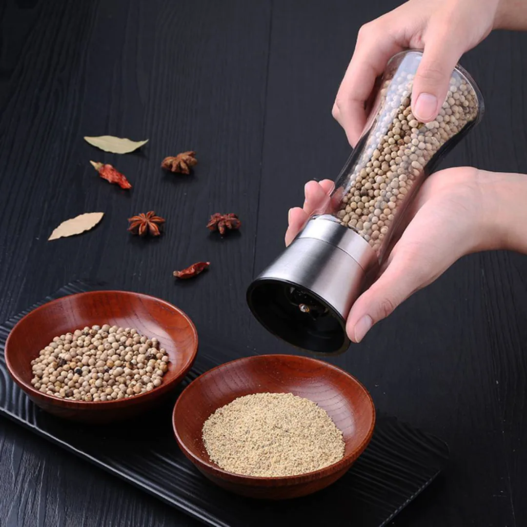 Salt And Pepper Grinder Set Salt Mill Pepper Mill Spice 304 Stainless Steel Lid Slim Glass Bottle Adjustable Ceramic Rotor