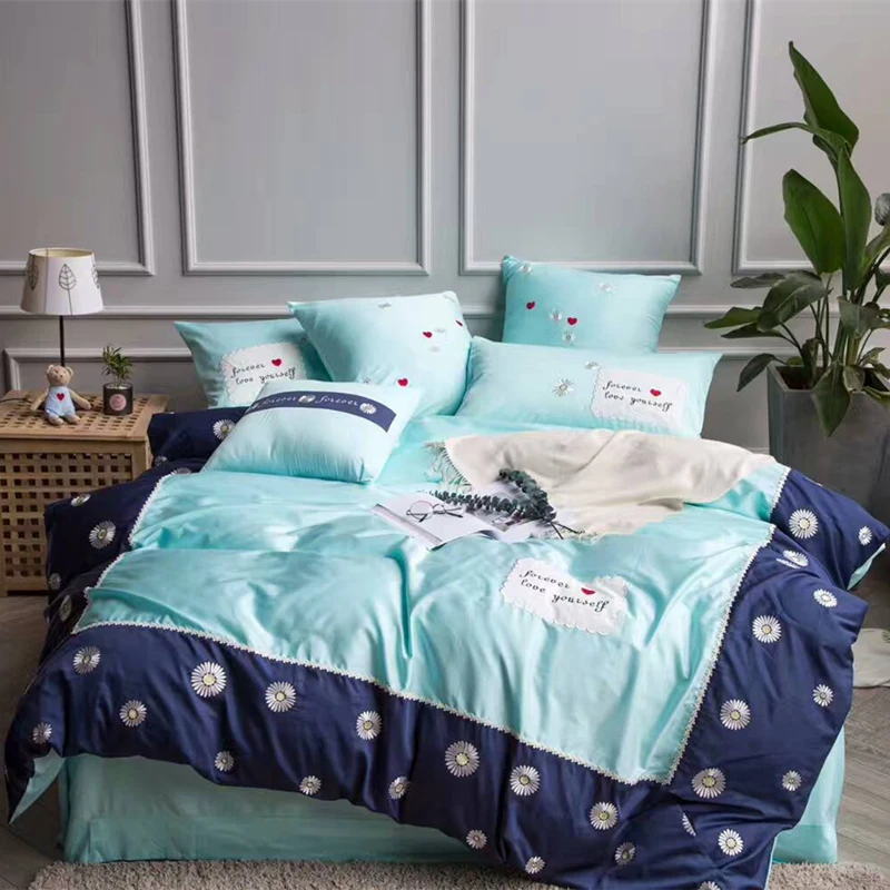 

4/6/7Pcs Egypt Cotton Blue charm luxury Bedding Set Applique Embroidery Duvet cover set Bed Sheet Pillowcases Queen King Size