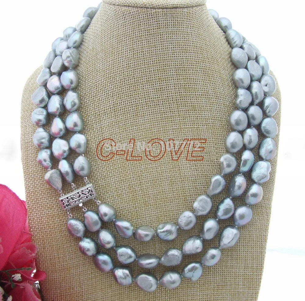 

3 strands 15 mm Grey Baroque Pearl Necklace free shipment