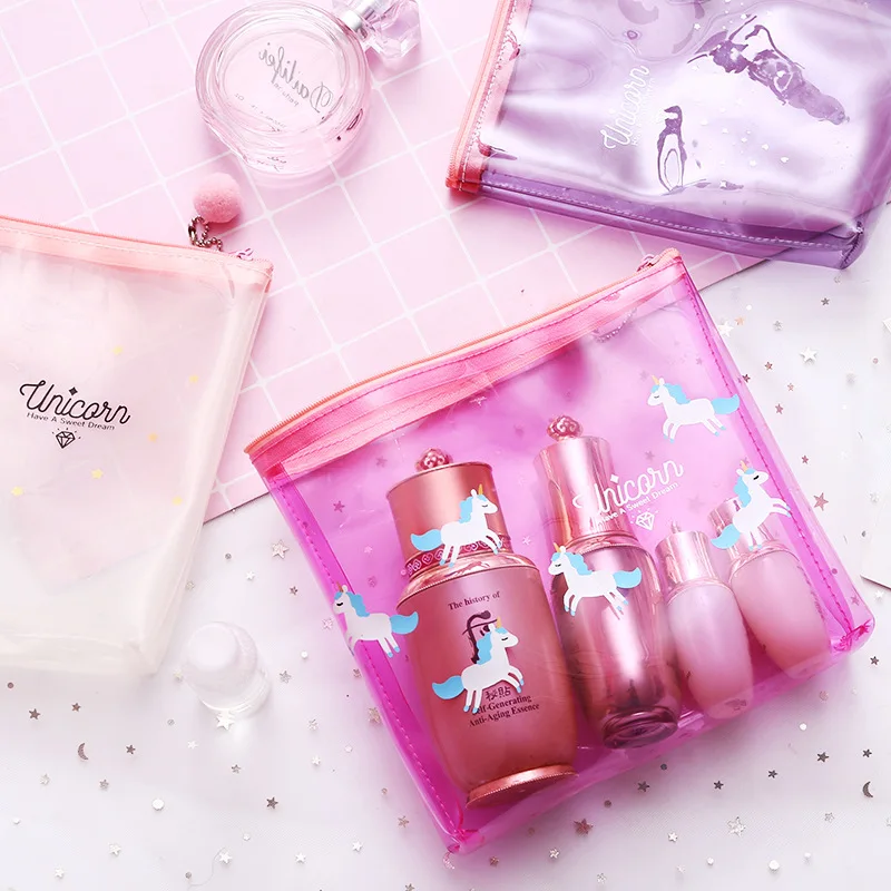 الصيف يونيكورن السفر حافظة للمكياج النساء حقيبة مستحضرات تجميل شفافة سستة ماكياج الحقيبة الجمال المنظم أدوات الزينة تخزين عدة مربع