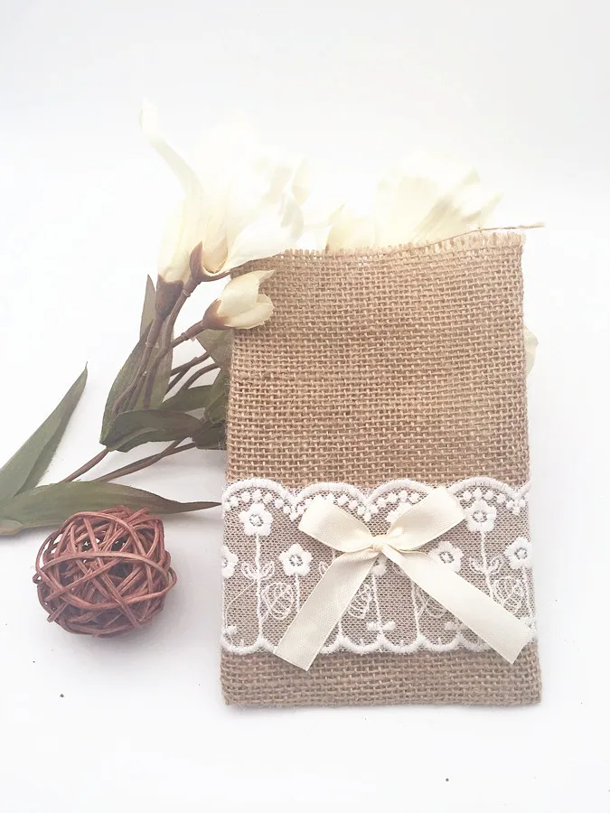 free shipping Natural Jute Bags Lace gift bag Jute bow knot Bag Gift