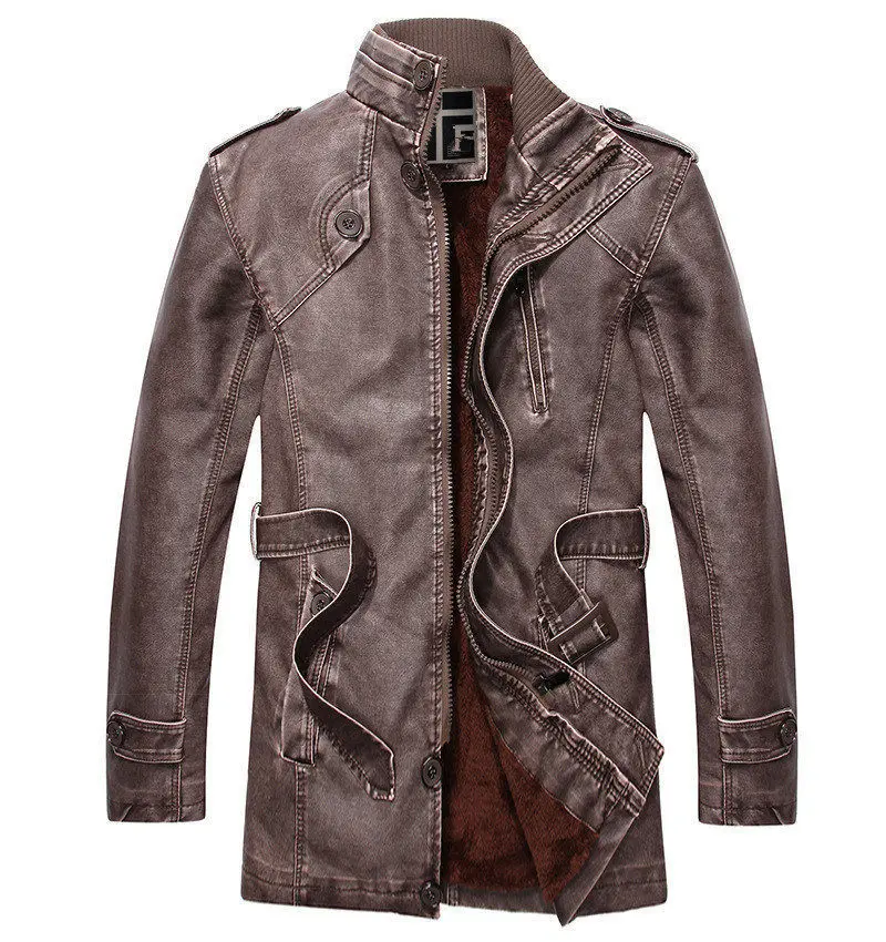 FGKKS, зимние мужские кожаные куртки, пальто, высокое качество, мужская куртка из искусственной кожи с воротником-стойкой, мужские кожаные куртки, верхняя одежда - Цвет: Brown