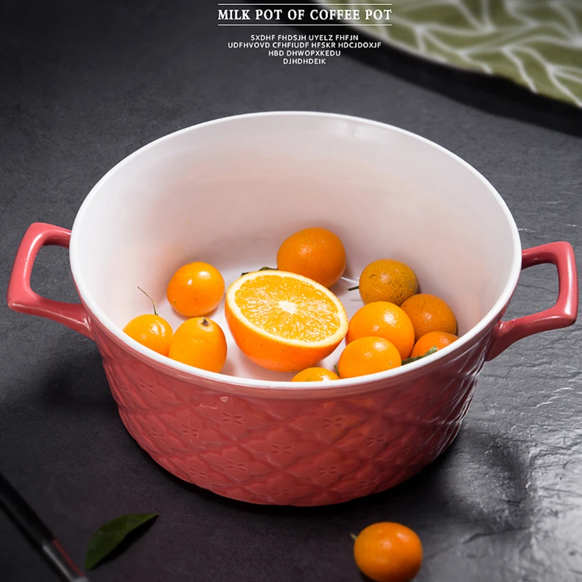 

1700ml Double Handles Porcelain Large Bowl for Soup, Salad, Fruits, Noodls Household Milk/ Coffee Pot Creative Ceramic Tableware
