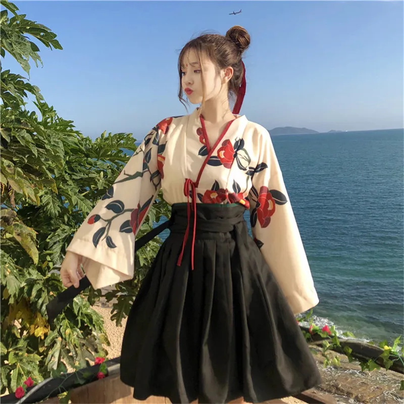 

Ancient Chinese Hanfu Dress Sets Cosplay Costume Two Pieces Improved Floral Printing Shirt&High Waist A Line Skirt Skirt Suits