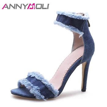 

ANNYMOLI Women Sandals High Heels Ladies Summer Shoes Denim Stiletto Ankle Strap Shoes Zip Thin Heels Sandals 2018 Large Size 43