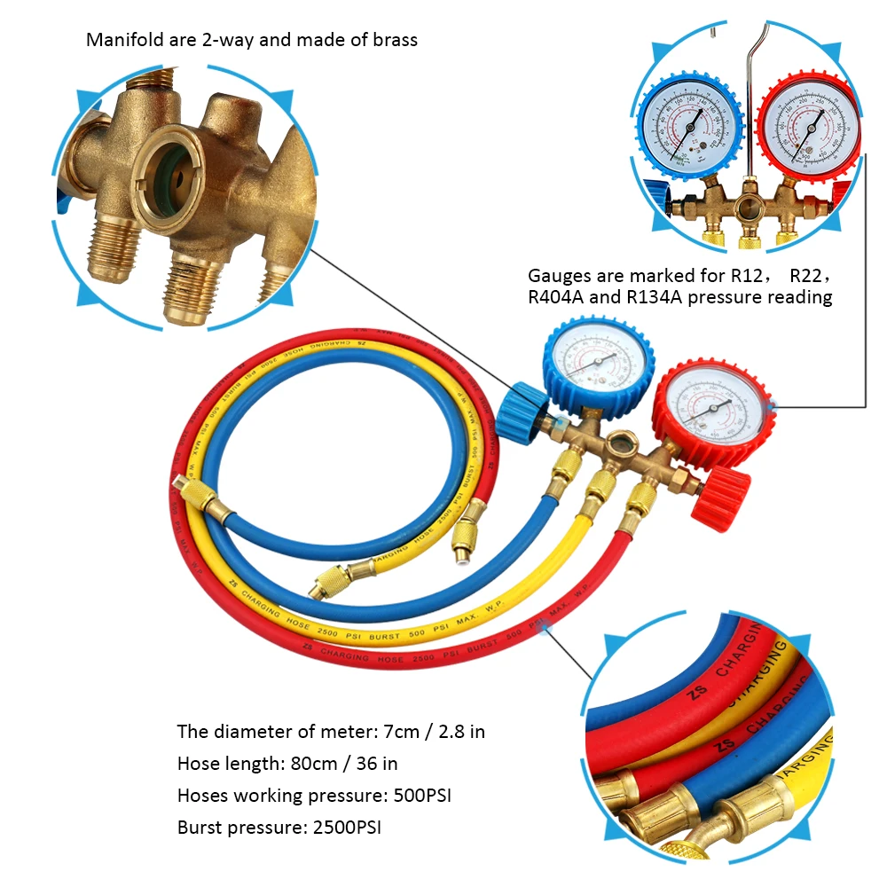 

CT-536 Refrigerant Manifold Gauge Set Car Air Conditioning Tools with Hose and Hook Kit for R12 R22 R404A R134A Air Condition