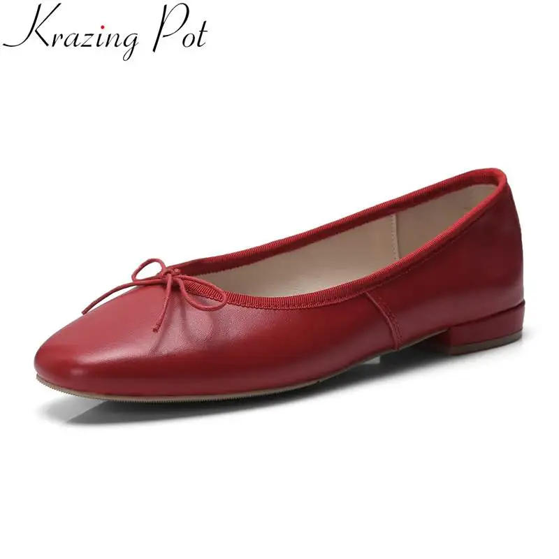 

Krazing Pot 2019 genuine leather slip on round toe low heels butterfly-knot women pumps shallow brand spring driving shoes L27
