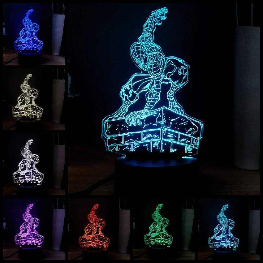 Новинка акриловая панель 3D Marvel USB Человек паук иллюзия 7 цветов LED Dec настольная