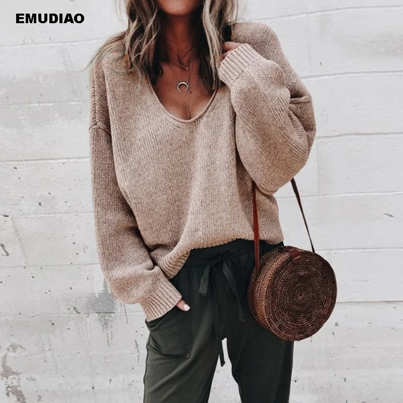 Casual Knitted Sweater Women Streetwear V Neck Long Sleeve Pullovers Loose Solid Coat 2019 Autumn Winter Fashion Women's Sweater