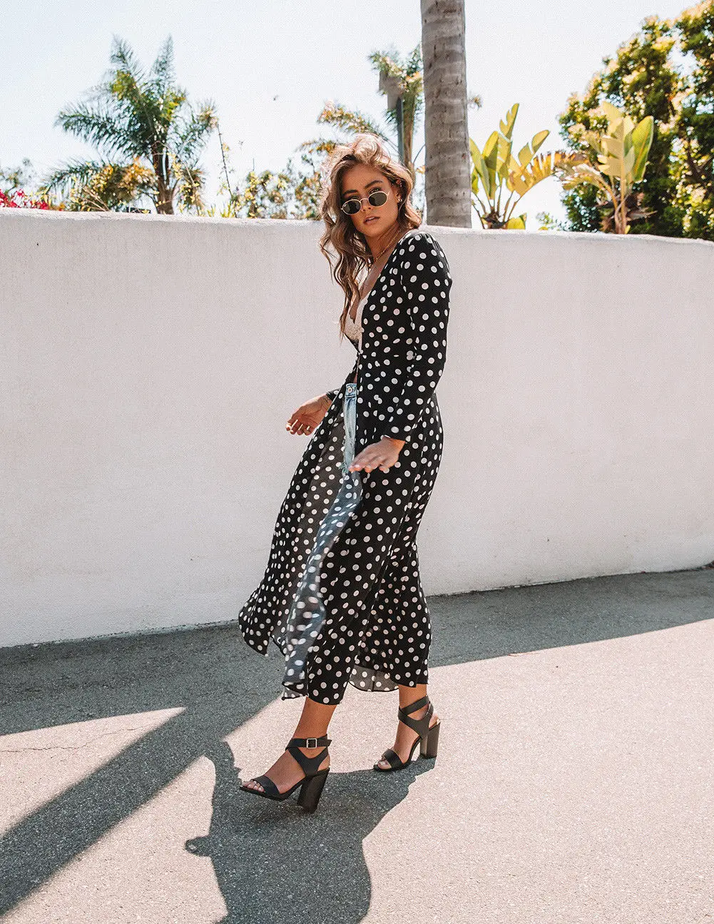 

2019 New Women's Floral Boho Kimono Long Maxi Dress Dot Polka Long Sleeve Duster Cardigans Loose Sexy Women Dresses