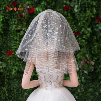 

4 Layers Gold Sea Stars Bridal Veil with Black Hard Tulle Short Wedding Veil with Comb Charming Wedding Accessories V97
