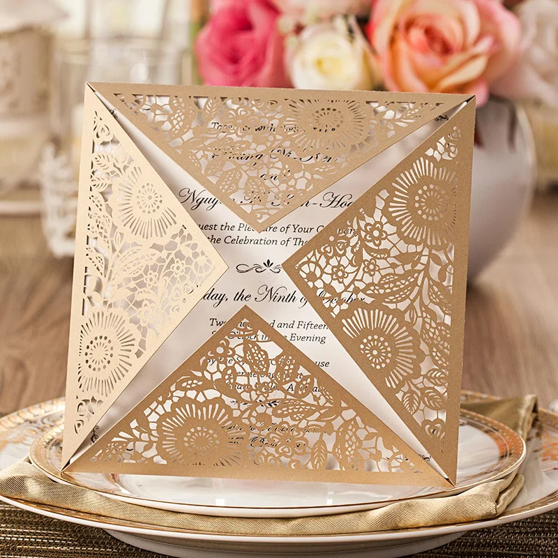 50/100 Sets Luxury Gatesby Wedding Invitation Cards+Envelope+Inner sheet+Ribbon 