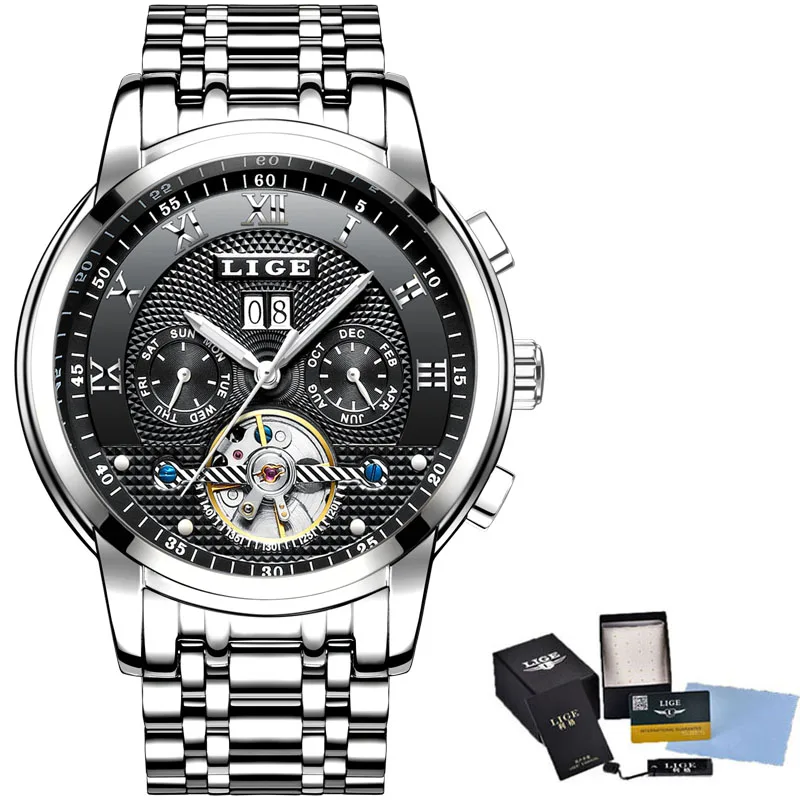 LIGE новые мужские часы лучший бренд класса люкс Бизнес Автоматическая техника мужские часы полная сталь водонепроницаемые мужские часы коробка для часов - Цвет: silver black